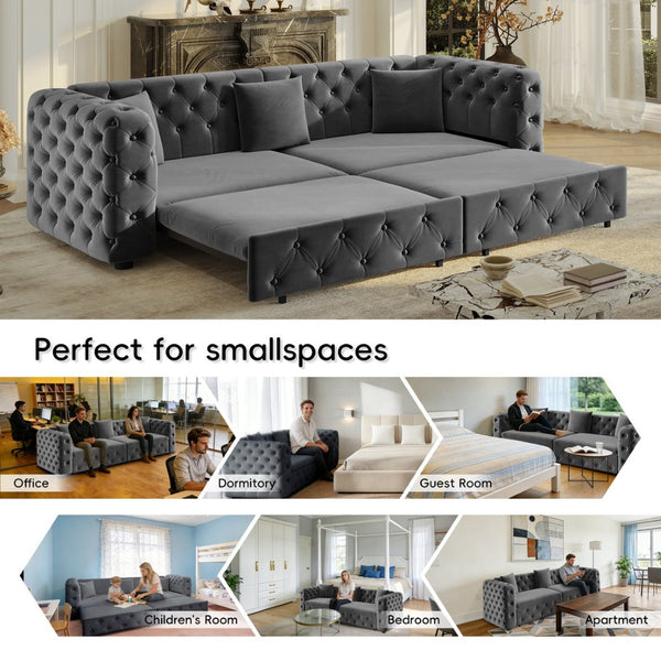 English Elm 89" Chesterfield Velvet Convertible Sleeper Sofa Four Seat Tufted Pull Out Apartment Couch Grey W1885S00447