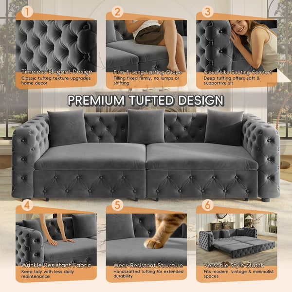English Elm 89" Chesterfield Velvet Convertible Sleeper Sofa Four Seat Tufted Pull Out Apartment Couch Grey W1885S00447
