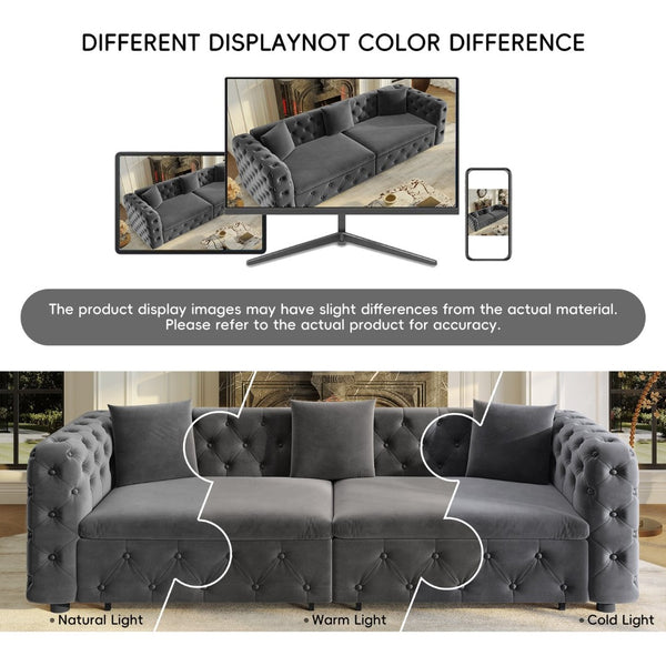 English Elm 89" Chesterfield Velvet Convertible Sleeper Sofa Four Seat Tufted Pull Out Apartment Couch Grey W1885S00447