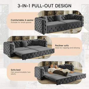 English Elm 89" Chesterfield Velvet Convertible Sleeper Sofa Four Seat Tufted Pull Out Apartment Couch Grey W1885S00447