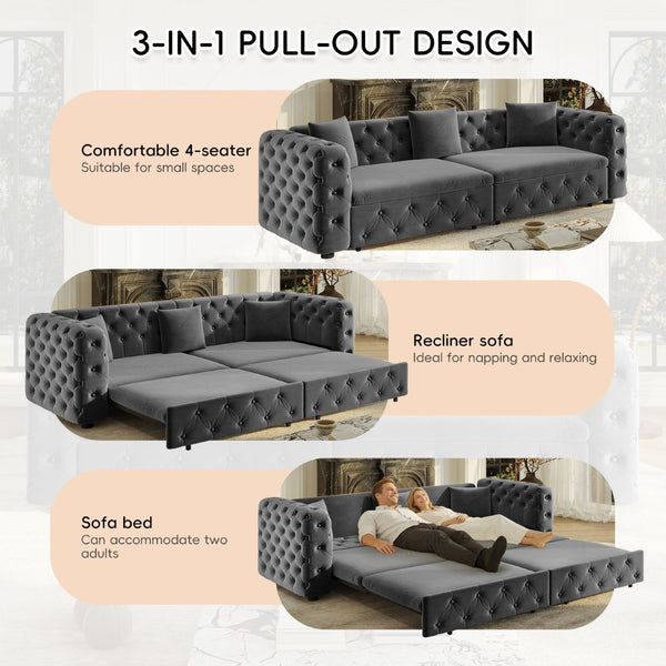 English Elm 89" Chesterfield Velvet Convertible Sleeper Sofa Four Seat Tufted Pull Out Apartment Couch Grey W1885S00447