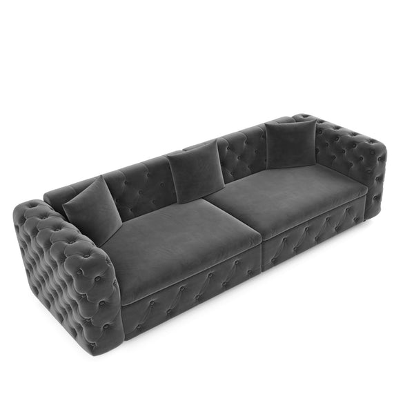 English Elm 89" Chesterfield Velvet Convertible Sleeper Sofa Four Seat Tufted Pull Out Apartment Couch Grey W1885S00447