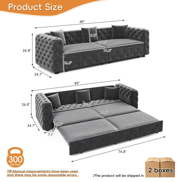 English Elm 89" Chesterfield Velvet Convertible Sleeper Sofa Four Seat Tufted Pull Out Apartment Couch Grey W1885S00447