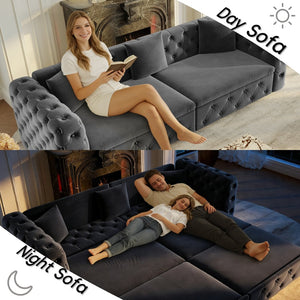 English Elm 89" Chesterfield Velvet Convertible Sleeper Sofa Four Seat Tufted Pull Out Apartment Couch Grey W1885S00447