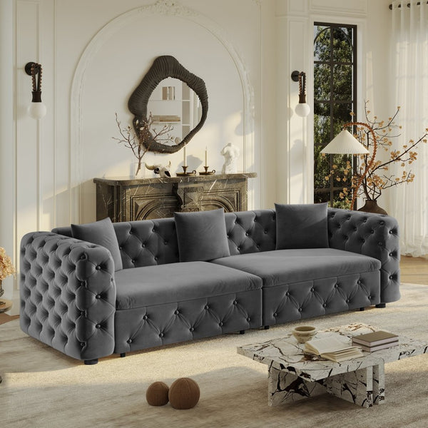 English Elm 89" Chesterfield Velvet Convertible Sleeper Sofa Four Seat Tufted Pull Out Apartment Couch Grey W1885S00447
