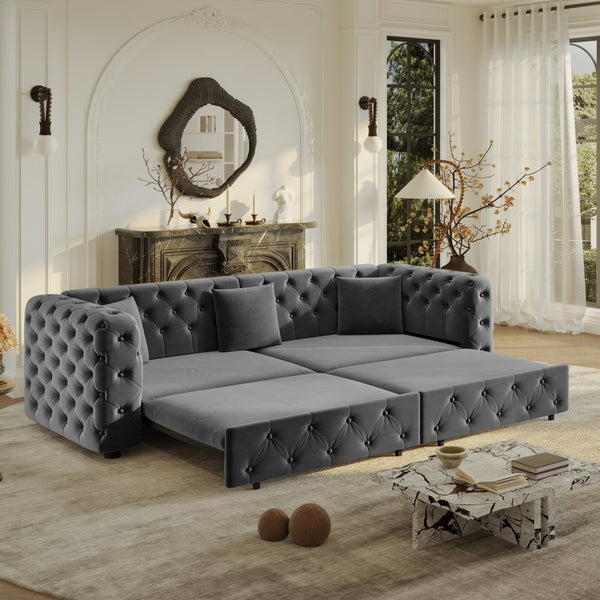 English Elm 89" Chesterfield Velvet Convertible Sleeper Sofa Four Seat Tufted Pull Out Apartment Couch Grey W1885S00447