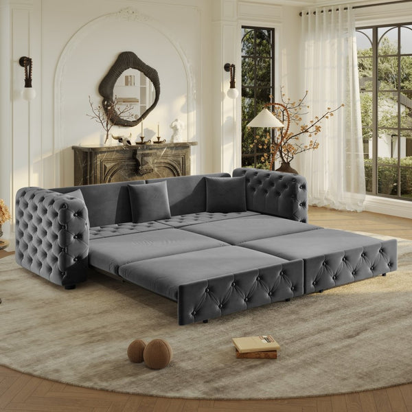 English Elm 89" Chesterfield Velvet Convertible Sleeper Sofa Four Seat Tufted Pull Out Apartment Couch Grey W1885S00447