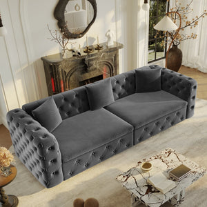 English Elm 89" Chesterfield Velvet Convertible Sleeper Sofa Four Seat Tufted Pull Out Apartment Couch Grey W1885S00447
