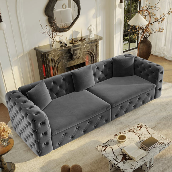 English Elm 89" Chesterfield Velvet Convertible Sleeper Sofa Four Seat Tufted Pull Out Apartment Couch Grey W1885S00447