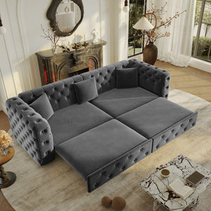 English Elm 89" Chesterfield Velvet Convertible Sleeper Sofa Four Seat Tufted Pull Out Apartment Couch Grey W1885S00447