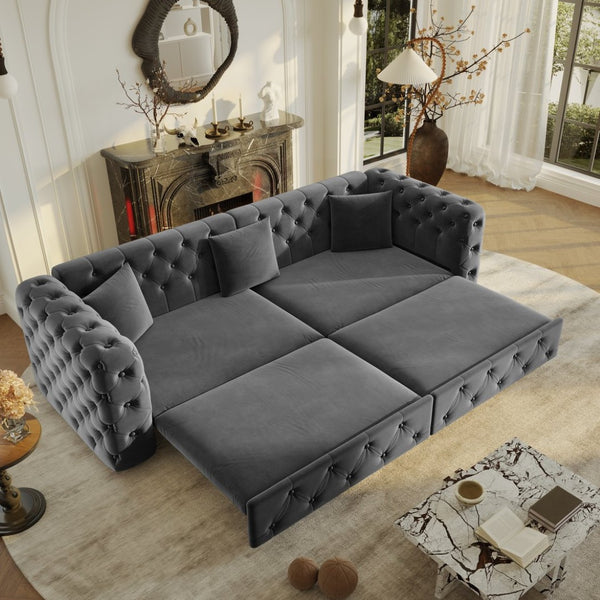English Elm 89" Chesterfield Velvet Convertible Sleeper Sofa Four Seat Tufted Pull Out Apartment Couch Grey W1885S00447