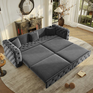 English Elm 89" Chesterfield Velvet Convertible Sleeper Sofa Four Seat Tufted Pull Out Apartment Couch Grey W1885S00447