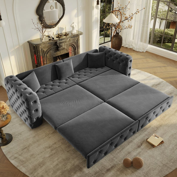 English Elm 89" Chesterfield Velvet Convertible Sleeper Sofa Four Seat Tufted Pull Out Apartment Couch Grey W1885S00447