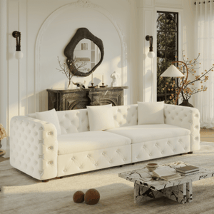 English Elm 89" Chesterfield Velvet Convertible Sleeper Sofa Four Seat Tufted Pull Out Apartment Couch Beige & White W1885S00448