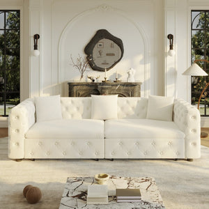English Elm 89" Chesterfield Velvet Convertible Sleeper Sofa Four Seat Tufted Pull Out Apartment Couch Beige & White W1885S00448