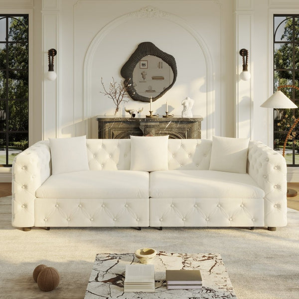 English Elm 89" Chesterfield Velvet Convertible Sleeper Sofa Four Seat Tufted Pull Out Apartment Couch Beige & White W1885S00448