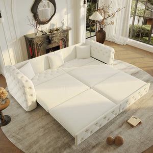 English Elm 89" Chesterfield Velvet Convertible Sleeper Sofa Four Seat Tufted Pull Out Apartment Couch Beige & White W1885S00448