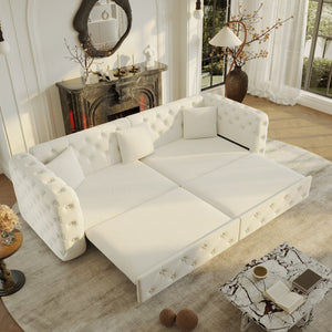 English Elm 89" Chesterfield Velvet Convertible Sleeper Sofa Four Seat Tufted Pull Out Apartment Couch Beige & White W1885S00448