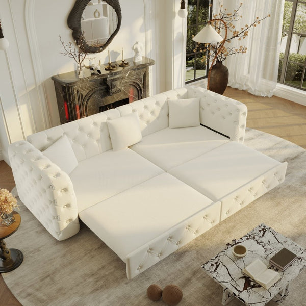English Elm 89" Chesterfield Velvet Convertible Sleeper Sofa Four Seat Tufted Pull Out Apartment Couch Beige & White W1885S00448