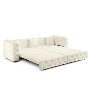 English Elm 89" Chesterfield Velvet Convertible Sleeper Sofa Four Seat Tufted Pull Out Apartment Couch Beige & White W1885S00448