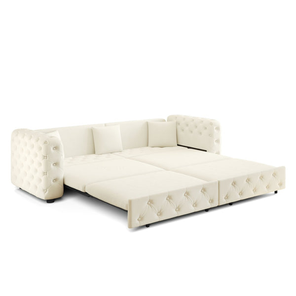 English Elm 89" Chesterfield Velvet Convertible Sleeper Sofa Four Seat Tufted Pull Out Apartment Couch Beige & White W1885S00448