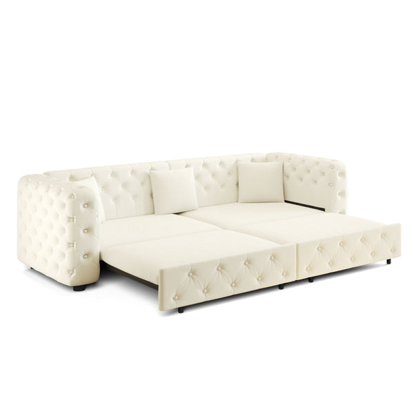 English Elm 89" Chesterfield Velvet Convertible Sleeper Sofa Four Seat Tufted Pull Out Apartment Couch Beige & White W1885S00448