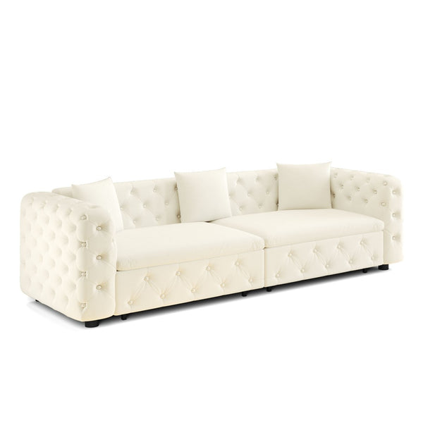 English Elm 89" Chesterfield Velvet Convertible Sleeper Sofa Four Seat Tufted Pull Out Apartment Couch Beige & White W1885S00448