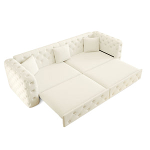 English Elm 89" Chesterfield Velvet Convertible Sleeper Sofa Four Seat Tufted Pull Out Apartment Couch Beige & White W1885S00448