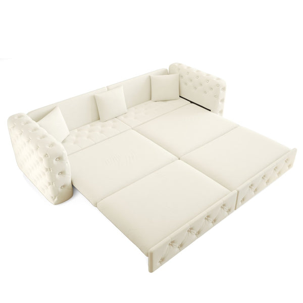 English Elm 89" Chesterfield Velvet Convertible Sleeper Sofa Four Seat Tufted Pull Out Apartment Couch Beige & White W1885S00448