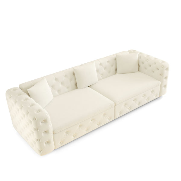English Elm 89" Chesterfield Velvet Convertible Sleeper Sofa Four Seat Tufted Pull Out Apartment Couch Beige & White W1885S00448