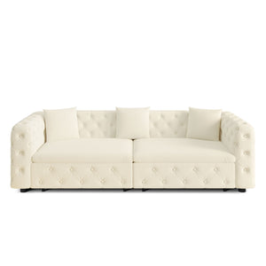 English Elm 89" Chesterfield Velvet Convertible Sleeper Sofa Four Seat Tufted Pull Out Apartment Couch Beige & White W1885S00448