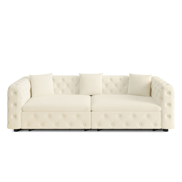 English Elm 89" Chesterfield Velvet Convertible Sleeper Sofa Four Seat Tufted Pull Out Apartment Couch Beige & White W1885S00448