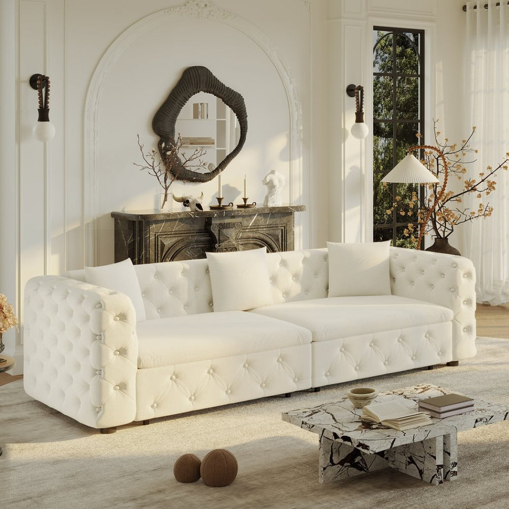 English Elm 89" Chesterfield Velvet Convertible Sleeper Sofa Four Seat Tufted Pull Out Apartment Couch Beige & White W1885S00448