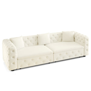 English Elm 89" Chesterfield Velvet Convertible Sleeper Sofa Four Seat Tufted Pull Out Apartment Couch Beige & White W1885S00448