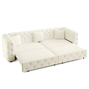 English Elm 89" Chesterfield Velvet Convertible Sleeper Sofa Four Seat Tufted Pull Out Apartment Couch Beige & White W1885S00448