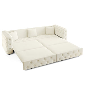 English Elm 89" Chesterfield Velvet Convertible Sleeper Sofa Four Seat Tufted Pull Out Apartment Couch Beige & White W1885S00448