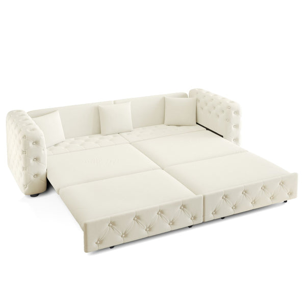 English Elm 89" Chesterfield Velvet Convertible Sleeper Sofa Four Seat Tufted Pull Out Apartment Couch Beige & White W1885S00448