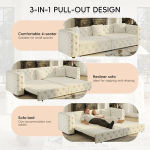English Elm 89" Chesterfield Velvet Convertible Sleeper Sofa Four Seat Tufted Pull Out Apartment Couch Beige & White W1885S00448
