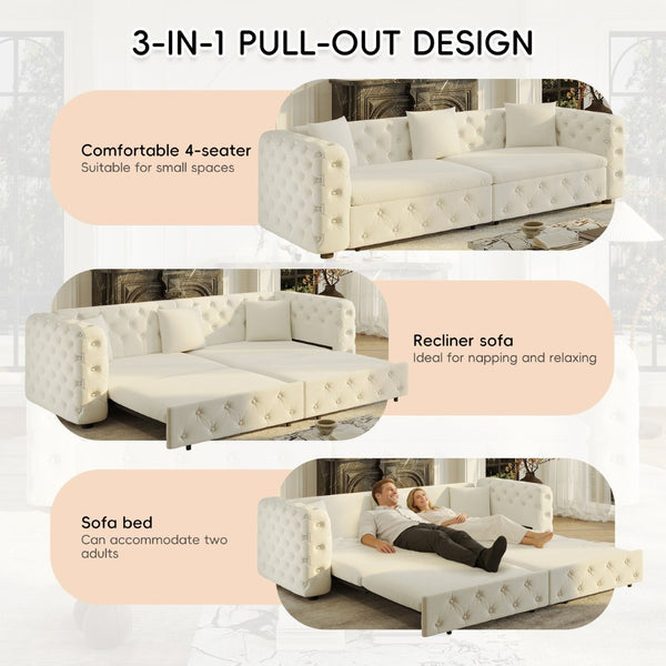 English Elm 89" Chesterfield Velvet Convertible Sleeper Sofa Four Seat Tufted Pull Out Apartment Couch Beige & White W1885S00448