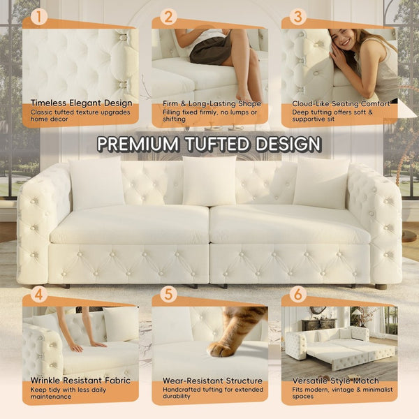 English Elm 89" Chesterfield Velvet Convertible Sleeper Sofa Four Seat Tufted Pull Out Apartment Couch Beige & White W1885S00448