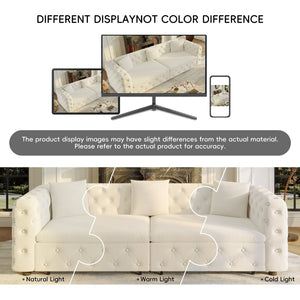 English Elm 89" Chesterfield Velvet Convertible Sleeper Sofa Four Seat Tufted Pull Out Apartment Couch Beige & White W1885S00448