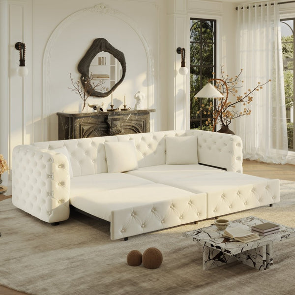 English Elm 89" Chesterfield Velvet Convertible Sleeper Sofa Four Seat Tufted Pull Out Apartment Couch Beige & White W1885S00448