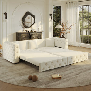 English Elm 89" Chesterfield Velvet Convertible Sleeper Sofa Four Seat Tufted Pull Out Apartment Couch Beige & White W1885S00448