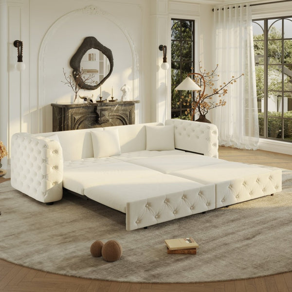 English Elm 89" Chesterfield Velvet Convertible Sleeper Sofa Four Seat Tufted Pull Out Apartment Couch Beige & White W1885S00448