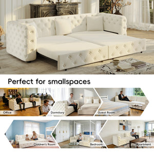 English Elm 89" Chesterfield Velvet Convertible Sleeper Sofa Four Seat Tufted Pull Out Apartment Couch Beige & White W1885S00448