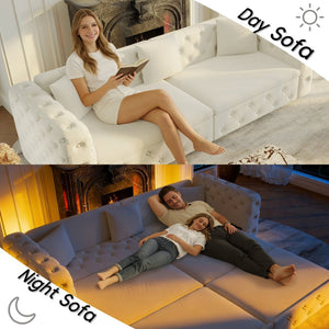 English Elm 89" Chesterfield Velvet Convertible Sleeper Sofa Four Seat Tufted Pull Out Apartment Couch Beige & White W1885S00448