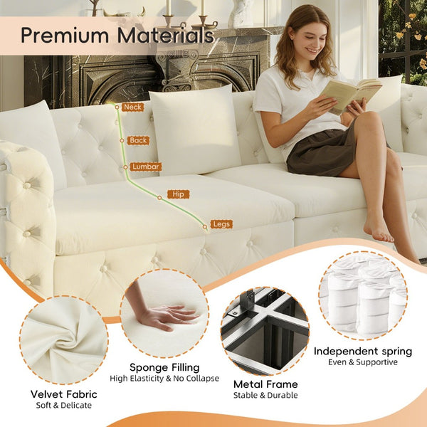 English Elm 89" Chesterfield Velvet Convertible Sleeper Sofa Four Seat Tufted Pull Out Apartment Couch Beige & White W1885S00448