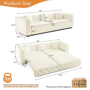 English Elm 89" Chesterfield Velvet Convertible Sleeper Sofa Four Seat Tufted Pull Out Apartment Couch Beige & White W1885S00448