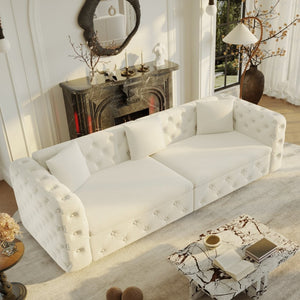 English Elm 89" Chesterfield Velvet Convertible Sleeper Sofa Four Seat Tufted Pull Out Apartment Couch Beige & White W1885S00448