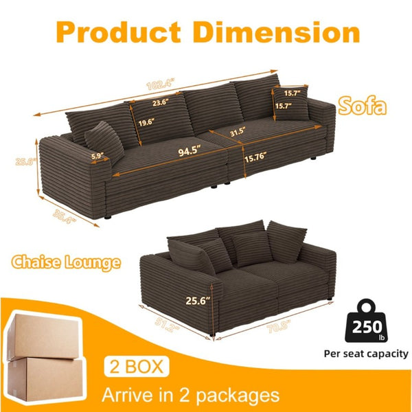 English Elm 102.4 Inch Plush Corduroy Cloud Sofa Oversized Four Seat Convertible Lounge Couch W1885S00456